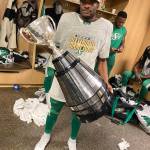Abbotsford&rsquo;s Nelson Lokombo celebrates with the Grey Cup. (Submitted)