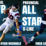 Vernon Panthers quarterback Ayden McDonald (left) was named B.C. AA Senior Varsity Football Player of the Year, thanks in part to the efforts of his offensive line, including provincial all-star Owen Carpenter (right). (Darren Hove photos)