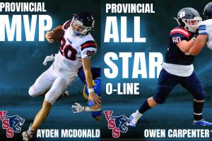 Vernon Panthers quarterback Ayden McDonald (left) was named B.C. AA Senior Varsity Football Player of the Year, thanks in part to the efforts of his offensive line, including provincial all-star Owen Carpenter (right). (Darren Hove photos)