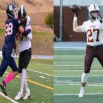 Joining Ayden McDonald and Owen Carpenter on the B.C. AA Senior Varsity Football all-star team are Josh Vandenberg of the VSS Panthers (88, left), and Caden O&rsquo;Dwyer of the Fulton Maroons. (File photos by Darren Hove/Morning Star)