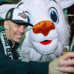 A Fan poses for a photo with Rise FC mascot, Sunny the mountain goat, at the Hollywood Theatre in Vancouver on Nov. 20, 2025. (Vancouver Rise FC/ Facebook)