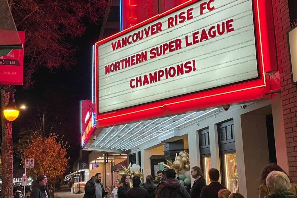 A sold-out crowd at the Hollywood Theatre in Vancouver on Nov. 20, 2025, for the Vancouver Rise FC celebration. (Submitted photo)