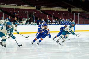 North Vancouver&rsquo;s Hannah Miller, centre, during the Seattle Torrent vs Vancouver Goldeneyes preseason game on Nov. 16, 2025. Miller is among the 23 active players named to the regular-season roster. (PWHL/ Contributed to Black Press Media)