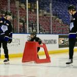 Nolan Stewart (left), William Cowburn, and Ethan Eskit skate in unison down the ice during Wednesday&rsquo;s session. (Tony Trozzo/Victoria News)