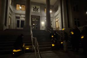 A Trans Day of Remembrance vigil was held on the step of the Vernon courthouse Thursday evening, Nov. 20, 2025. (Brendan Shykora/Morning Star)