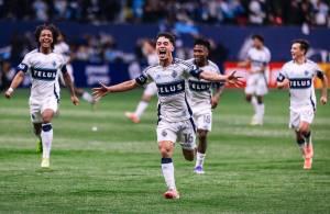 Whitecaps FC players celebrate their MLS Cup Western Conference semifinal win at BC Place Stadium in Vancouver on Saturday, Nov. 22, 2025. (facebook.com/whitecapsfc)