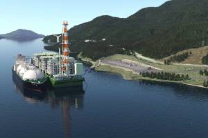 An artist’s rendering of the Cedar LNG facility near Kitimat, B.C. Pembina Pipeline Corporation has signed a 20-year agreement with Petronas for 1.0 million tonnes per annum of liquefaction capacity at the Haisla Nation-led project. Cedar LNG illustration