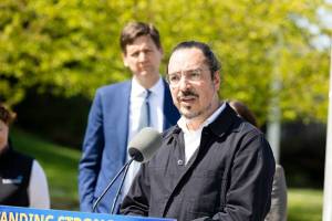 Dr. Daniel Vigo (with Premier David Eby) was outside the Surrey Pretrial Services Centre on April 24 to announce the opening of the province&rsquo;s first involuntary care beds. (Anna Burns/Black Press Media)