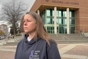 Bailey McCourt&rsquo;s aunt, Debbie Henderson spoke to the media in front of the Kelowna Court House on Tuesday, Nov. 25 after James Plover&rsquo;s murder charge was upgraded from second-degree to first-degree. (Jordy Cunningham/Black Press Media)