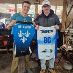 A week of great competition and camaraderie. Steve Tersmette is pictured here swapping team shirts with Team Quebec. (Kimberley Curling Club/Submitted)