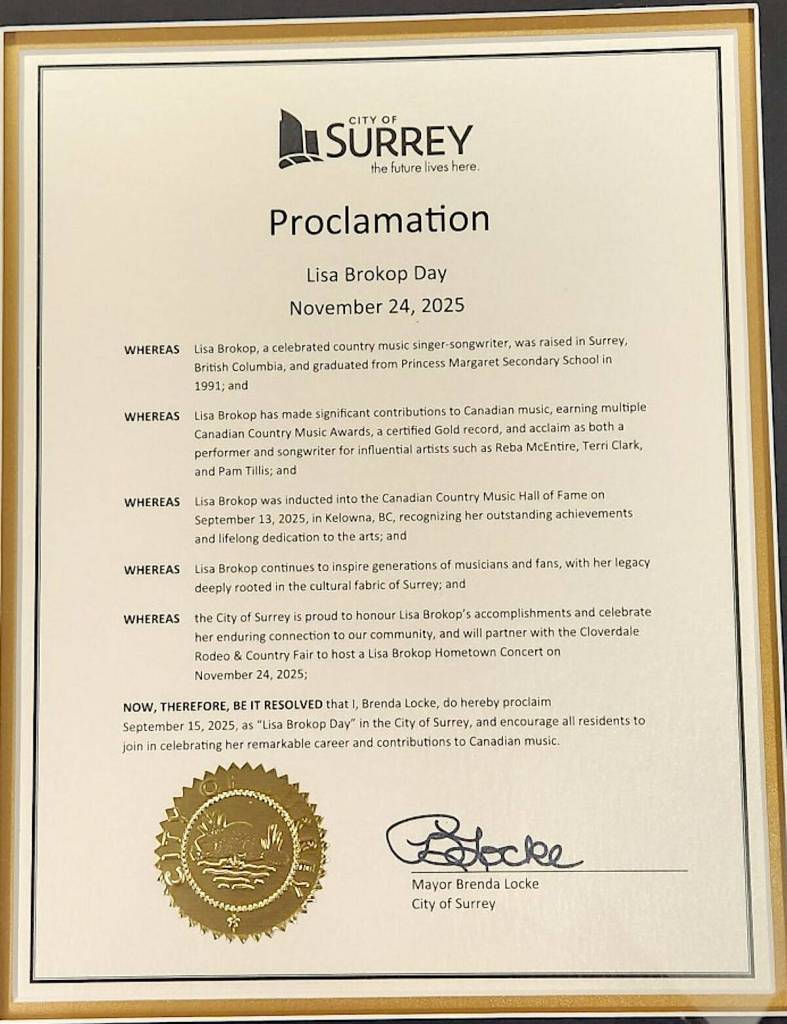 &rdquo;Lisa Brokop Day&rdquo; proclamation by City of Surrey on Nov. 24, 2025. (Contributed)