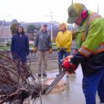 Eric Stringer trims the tree&rsquo;s trunk so it fits in the stand inside the lower rotunda. (Olivier Laurin/Victoria News)