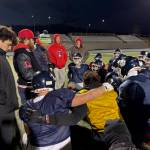 Vernon Panthers head coach Sean Smith (toque) addresses his team at practice as they prepare for the B.C.Senior Varsity AA Football championship game Sunday, Nov. 30, in Vancouver against the Argyle Pipers of North Van. (Darren Hove photo)