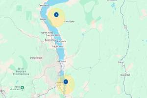 Areas where two earthquakes were reported in the Okanagan five minutes apart on Nov. 27. (Alertable)