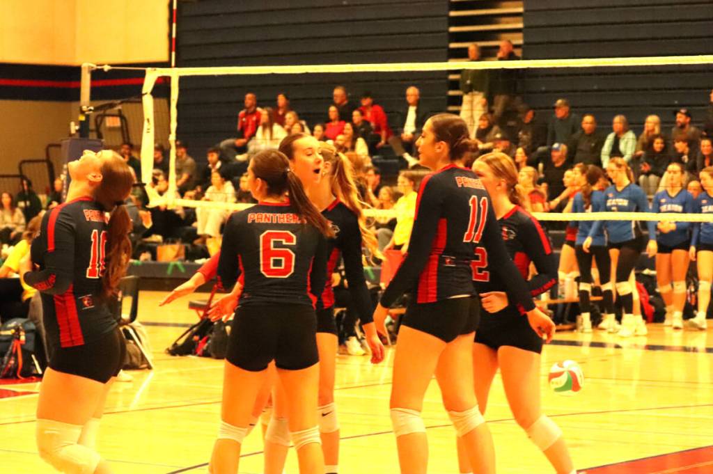 The Vernon Panthers celebrate a set win, which would later turn to a match victory, over the Seaton Sonics in an all-Vernon quarterfinal at the B.C. High School Senior Girls AAA Volleyball championships at VSS Friday, Nov. 28. (Roger Knox - Morning Star)