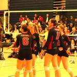 The Vernon Panthers celebrate a set win, which would later turn to a match victory, over the Seaton Sonics in an all-Vernon quarterfinal at the B.C. High School Senior Girls AAA Volleyball championships at VSS Friday, Nov. 28. (Roger Knox - Morning Star)