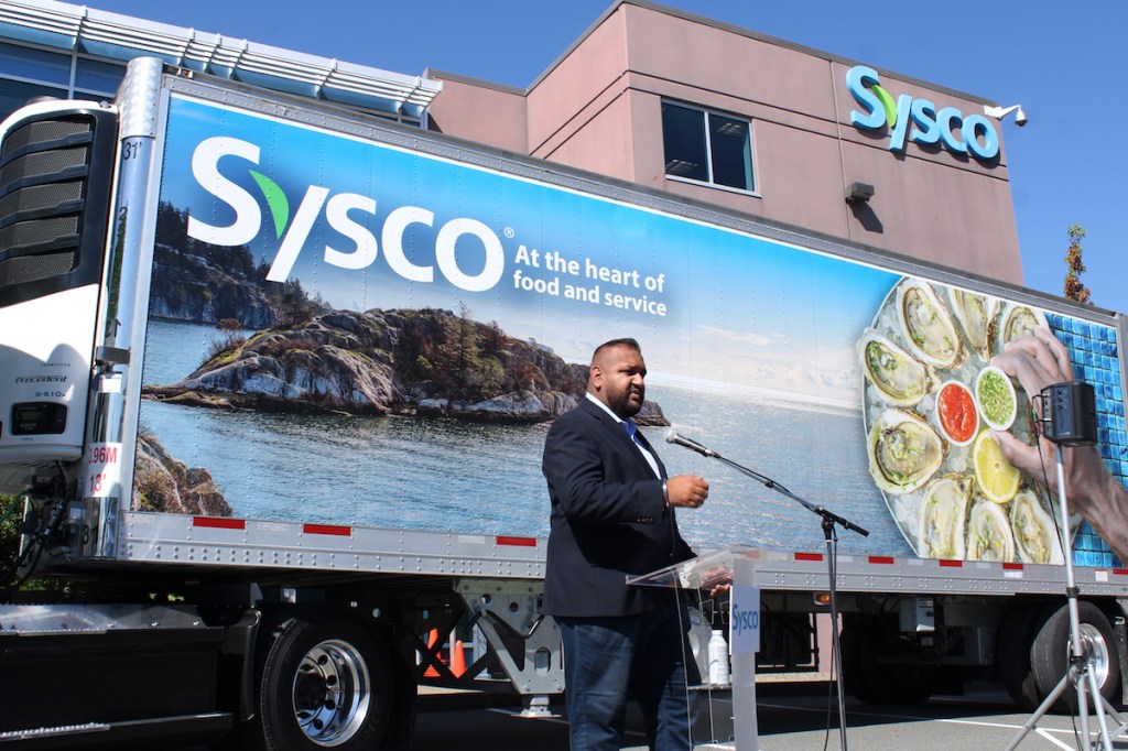 Langford-Juan de Fuca MLA Ravi Parmar at a Sept. 5 announcement on food distribution company Sysco's first electric trucks in Canada operating out of Langford.