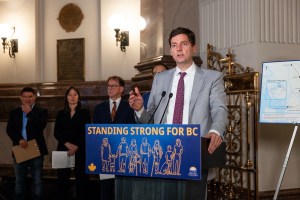 Premier David Eby speaks to reporters on Monday, Oct. 20, 2025.