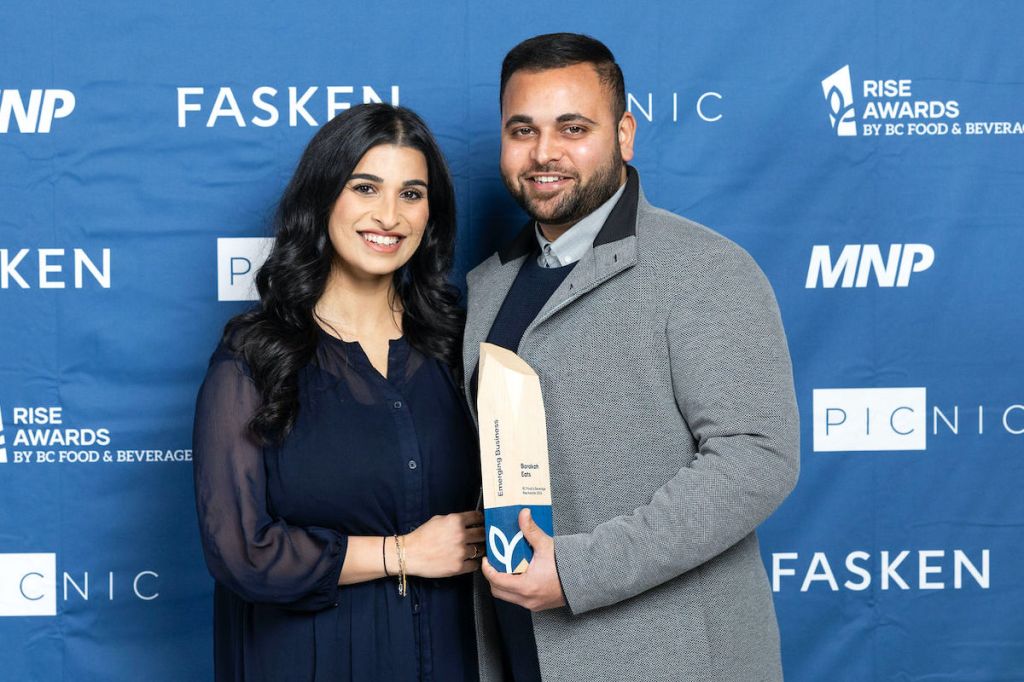 Barakah Eats operator Rushd Khan and wife Arshiya with Emerging Business award at the 2024 Rise Awards Night hosted by BC Food & Beverage on Nov. 28 at Anvil Centre in New Westminster.