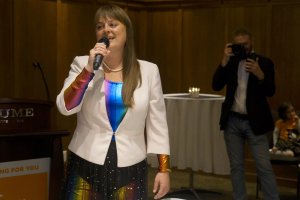 The B.C. NDP's Brittny Anderson speaks to supporters after being re-elected as Kootenay Central MLA after Saturday's provincial election.