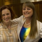 Former B.C. NDP MLA Michelle Mungall (left) congratulates Brittny Anderson, who was re-elected to her second term as Kootenay Central MLA on Saturday.