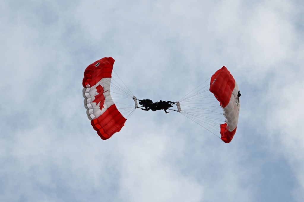The Skyhawks Parachute Team at the 2025 Peach Fest opening ceremonies on Aug. 6 in Penticton.