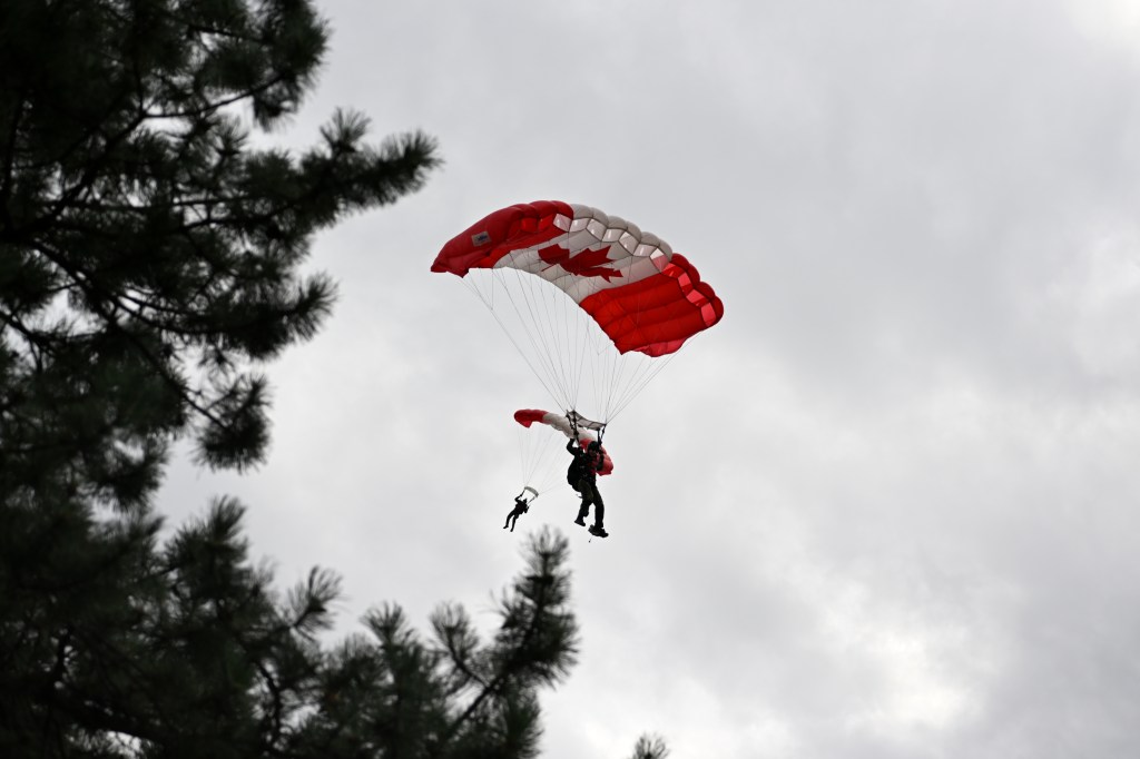 The Skyhawks Parachute Team at the 2025 Peach Fest opening ceremonies on Aug. 6 in Penticton.