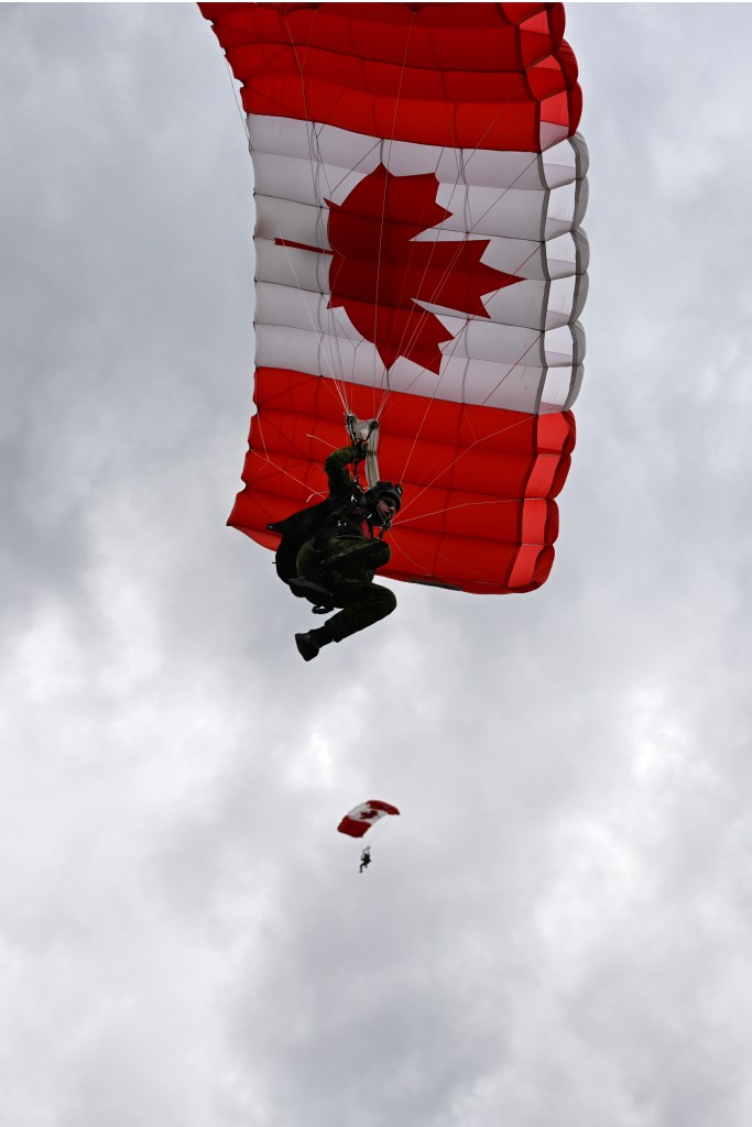 The Skyhawks Parachute Team at the 2025 Peach Fest opening ceremonies on Aug. 6 in Penticton.