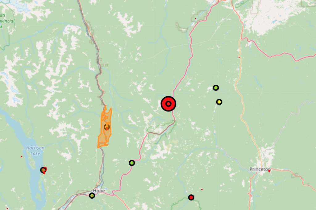 A 105 hectares wildfire is burning 44 kilometres northeast of Hope by the Coquihalla Highway on Sept. 1.