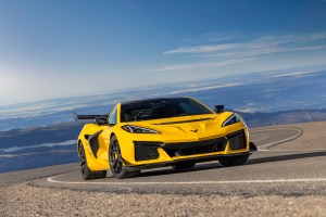 Chevrolet Corvette ZR1 Coupe with ZTK Performance Package driving up a curvy mountain road. Preproduction model shown. Actual production model may vary.