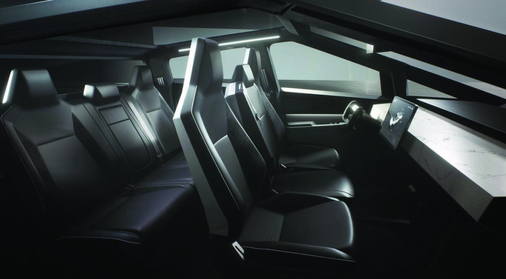The dash layout is as featureless as the exterior — the exact opposite of conventional pickups — which is part of the Cybertruck’s anti-establishment charm. PHOTO: TESLA