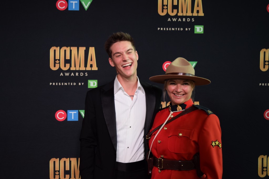 Cameron Whitcomb with Kelowna RCMP Sgt. Laura Pollock on the CCMA red carpet. Whitcomb won Breakthrough Artist and Fans' Choice.