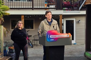 B.C. NDP Leader David Eby Friday touted the province-wide legalizaton of secondary suites at the Comox home of Lisa Payne.