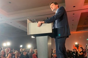 B.C. NDP Leader David Eby, here seen Saturday, remains Premier as Elections BC prepares for recounts in two ridings as part of a final count that will also count outstanding mail and absentee ballots. That final count is scheduled for Oct. 26-28.