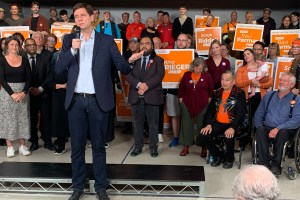 B.C. NDP Leader David Eby Wednesday rallied in Victoria, where local NDP candidate Grace Lore (far left) is running against B.C. Greens Leader Sonia Furstenau.