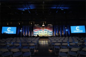 The Conservative Party of B.C.'s party headquarters for the 2024 election night at the Rocky Mountaineer Station in Vancouver.