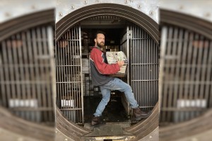 Cawston's own Joe Munroe caught in the middle of busting into a bank; but it's all for show and part of the actor's role in the latest Kevin James film Guns Up.