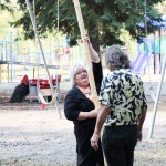 Horse Lake Elementary School's indigenous support worker Jodi Thomson listens to Mukwa Teepee owner and founder Tony Solomon on Wednesday, Sept. 17. (Patrick Davies photo - 100 Mile Free Press)