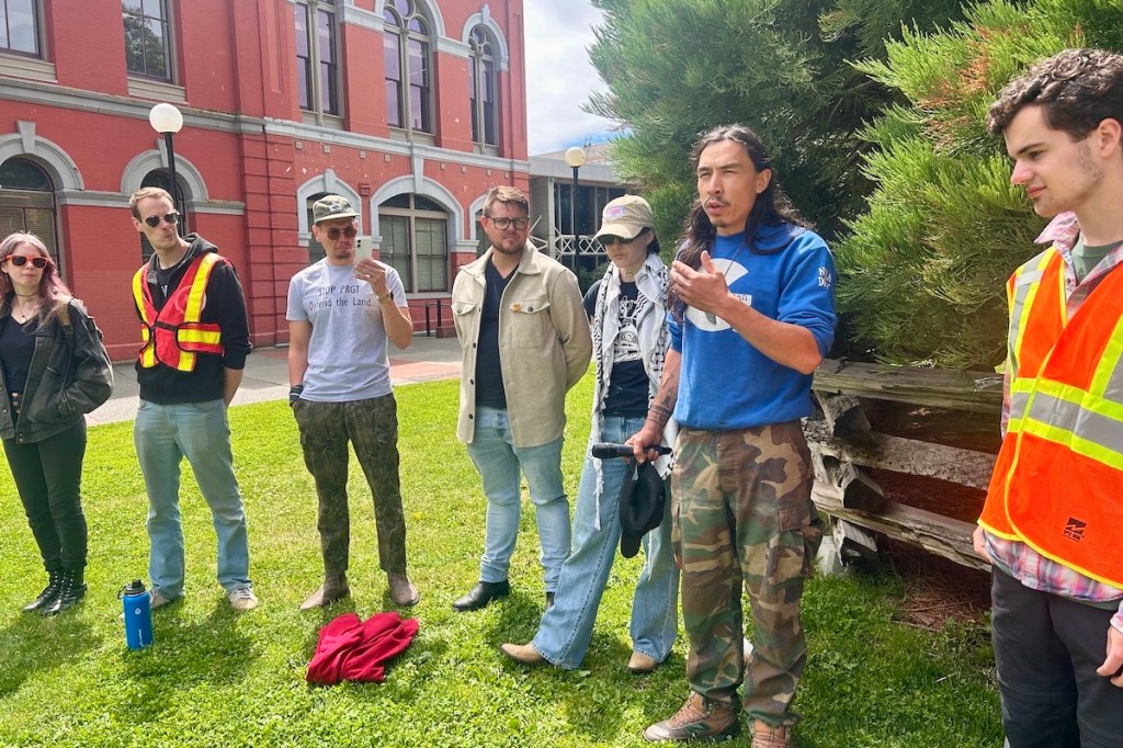 Nii lax Aks speaks to the crowd of protesters. The pipeline is slated to be built about 15 kilometres from his Kispiox village, northeast of Terrace.