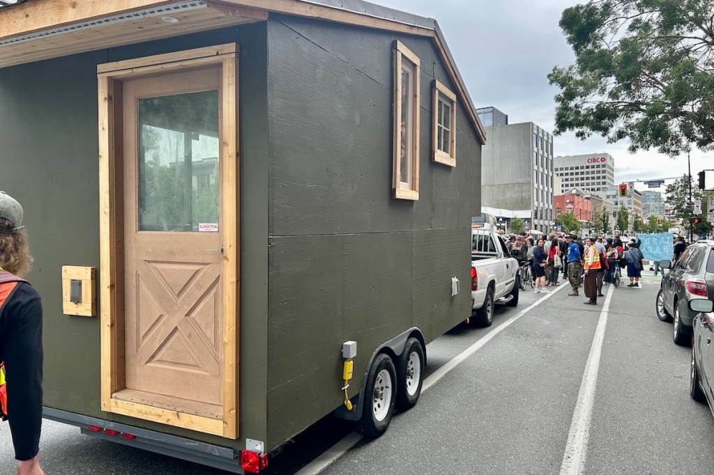 Protesters in Victoria gearing up to send a newly built tiny home north to be used by a Gitxsan woman making a stand against the Prince Rupert Gas Transmission line.