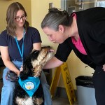 Rummy and handler Celine Foucher stop for a visit with Sarah Durno, communications specialist for Victoria Hospice.