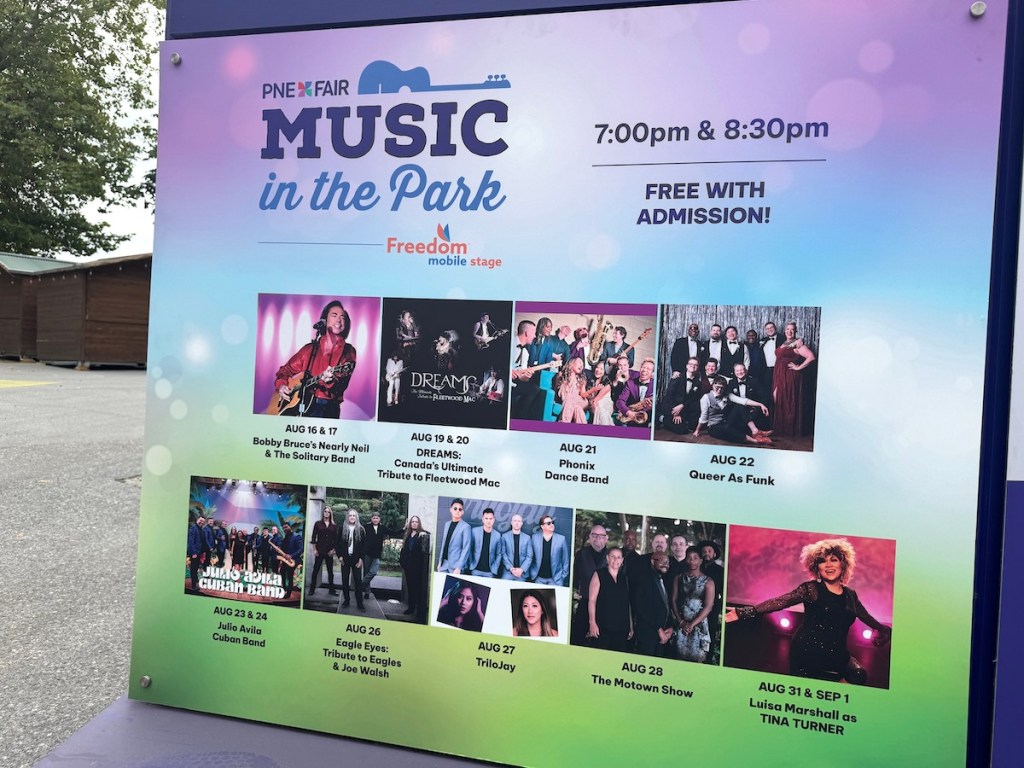 Music in the Park entertainment schedule at the 2025 PNE fair in Vancouver.