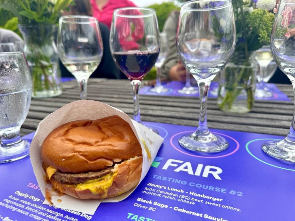 Jimmy's Lunch burger and wine at PNE media event in Vancouver on Aug. 14, 2025.