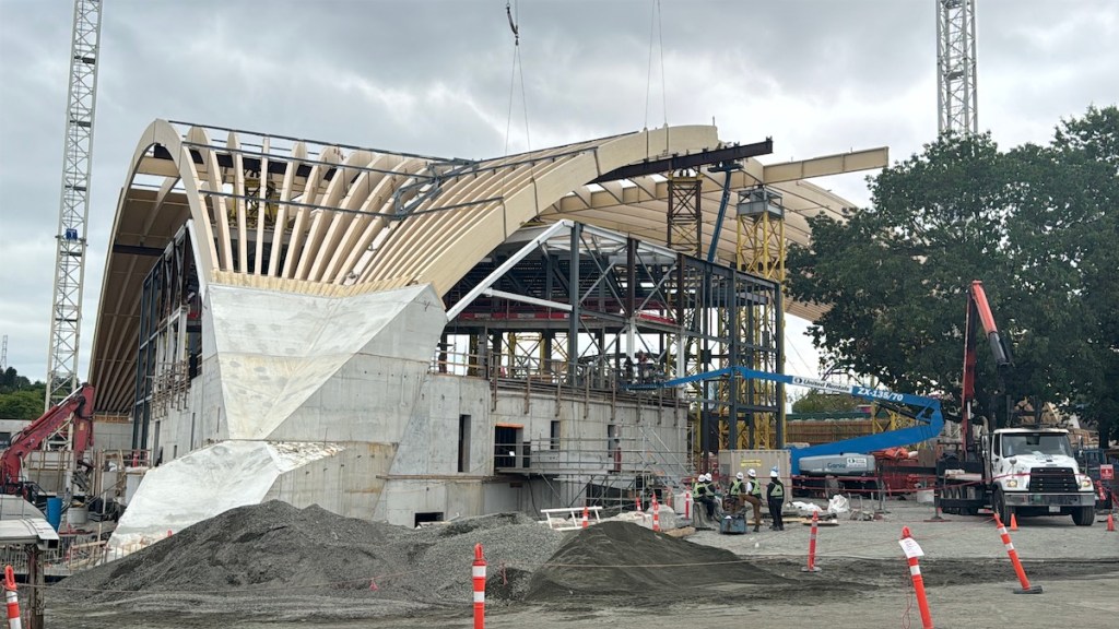 Construction of the Freedom Mobile Arch amphitheatre at the PNE site on Aug. 14, 2025. The venue will be ready for concerts in 2026.
