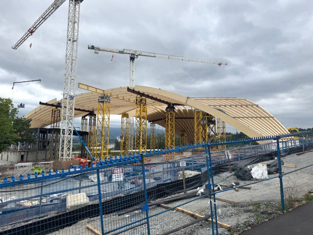 Construction of the Freedom Mobile Arch amphitheatre at the PNE site on Aug. 14, 2025. The venue will be ready for concerts in 2026.