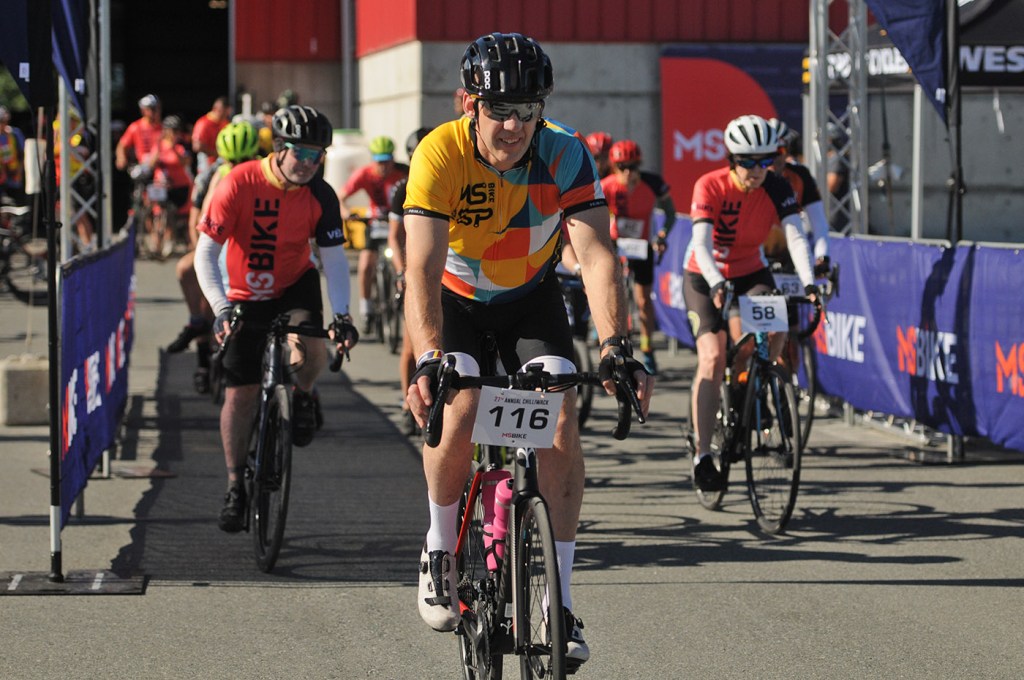 Cyclists leave Chilliwack Heritage Park while taking part in the 100-kilometre route of the MS Bike Chilliwack fundraiser for multiple sclerosis on Saturday, July 12, 2025.