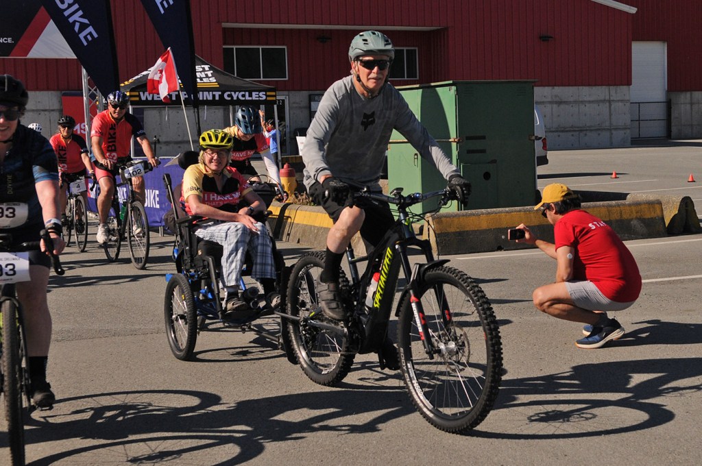Cyclists leave Chilliwack Heritage Park while taking part in the 60-kilometre route of the MS Bike Chilliwack fundraiser for multiple sclerosis on Saturday, July 12, 2025.