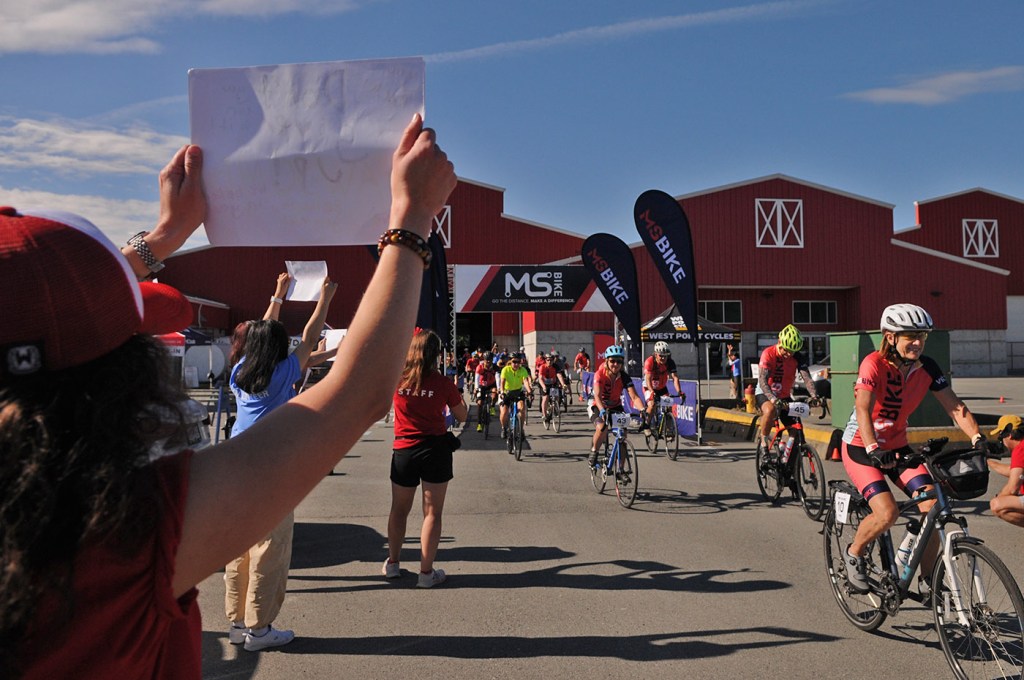 Cyclists leave Chilliwack Heritage Park while taking part in the 60-kilometre route of the MS Bike Chilliwack fundraiser for multiple sclerosis on Saturday, July 12, 2025.