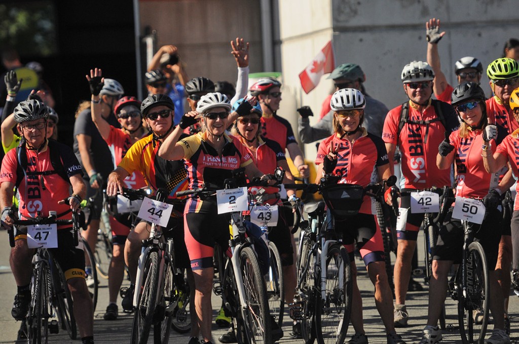 Cyclists give a cheer before leaving Chilliwack Heritage Park while taking part in the 60-kilometre route of the MS Bike Chilliwack fundraiser for multiple sclerosis on Saturday, July 12, 2025.