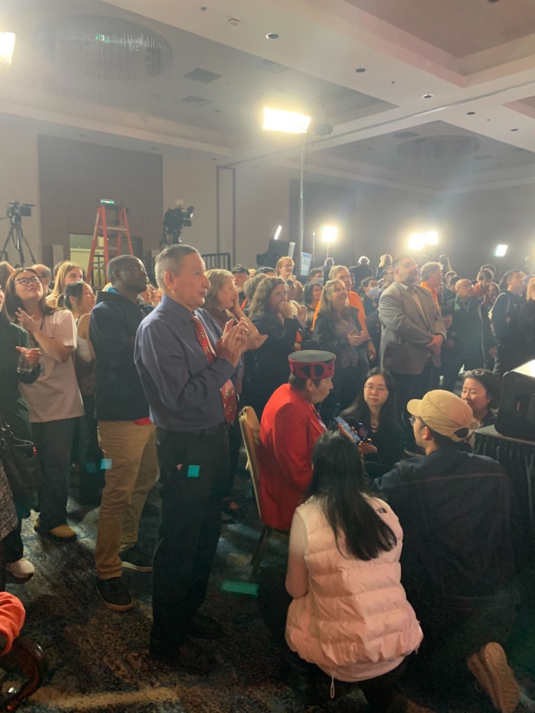 Grand Chief Stewart Phillip at the B.C. NDP election headquarters on Saturday, Oct. 19, 2024.
